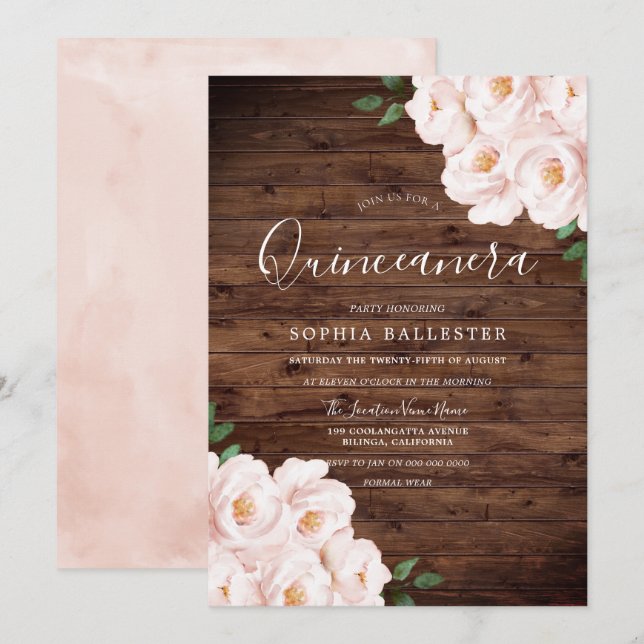 Invitation Fleurs rose pâle rustique Quinceanera (Devant / Derrière)