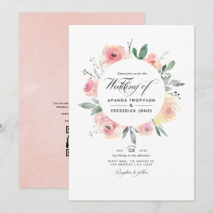 Invitation Fleurs rose pastel et code QR RSVP Mariage