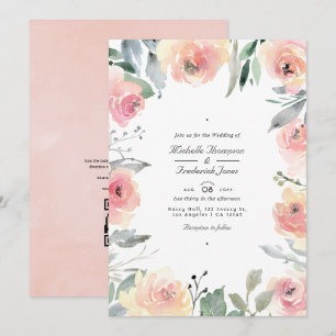 Invitation Fleurs rose pastel et code QR RSVP pour mariage
