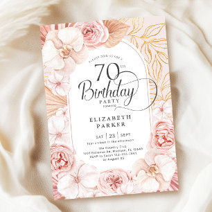 Invitation Fleurs rose poudré or pour 70e anniversaire