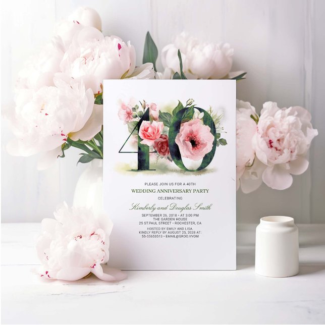 Invitation Fleurs rose poudré pour 40 ans de mariage (40th Wedding Anniversary Invitations)