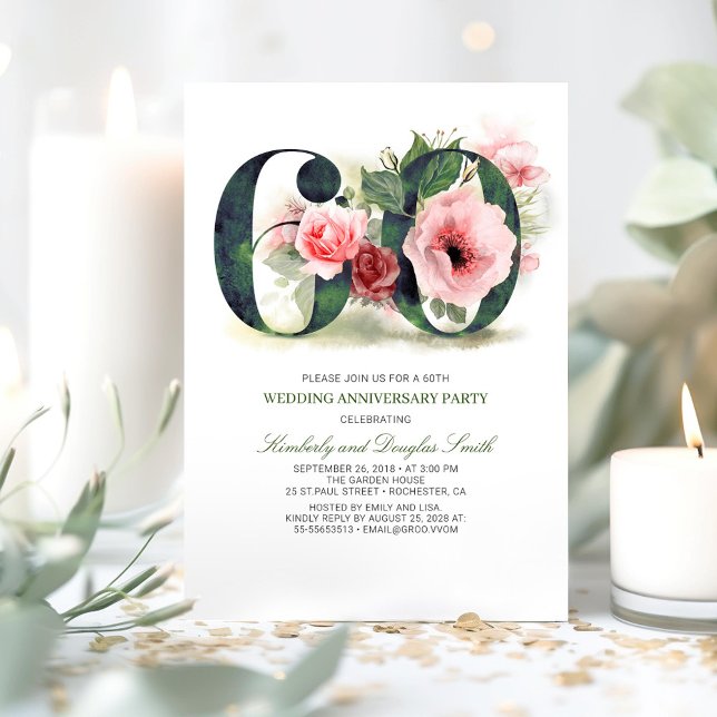 Invitation Fleurs rose poudré pour 60 ans de mariage (60th Wedding Anniversary Invitations)