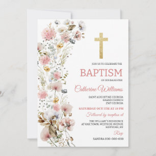 Invitation Fleurs Rose Poussiéreuses Baptême Élégant des Fill