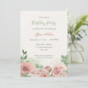 Invitation fleurs rose rousse vert feuilles anniversaire