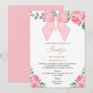 Invitation Fleurs rose ruban rose espagnol fille Baptême