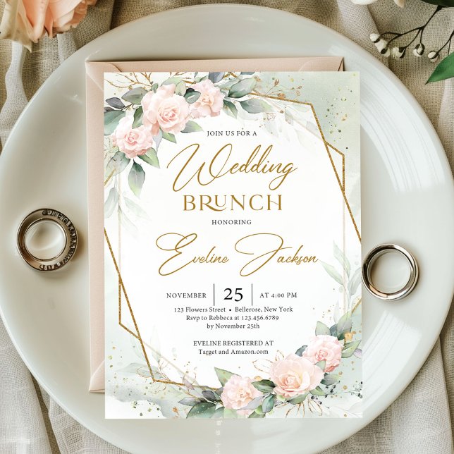 Invitation Fleurs rose vif et brunch mariage à l'eucalyptus (Watercolor soft pastel pink roses eucalyptus gold frame Wedding brunch invitation digital)