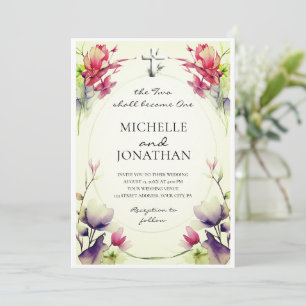 Invitation Fleurs rose violet Croix chrétienne Mariage de la 