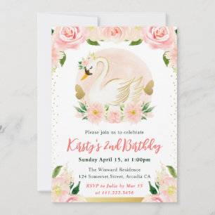 Invitation Fleurs roses aquarelle et anniversaire cygne