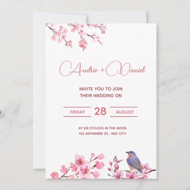 Invitation Fleurs roses Aquarelle Mariage féminine (Devant)