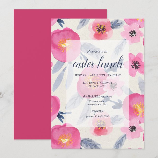Invitation Fleurs roses Aquarelles Florales Déjeuner de Pâque (Devant / Derrière)