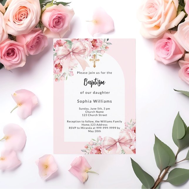 Invitation Fleurs roses arc arc or croix fille baptême (Créateur téléchargé)