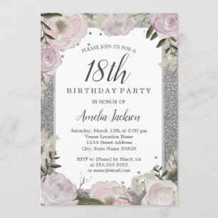 Invitation Fleurs roses argentées scintillantes 18e anniversa