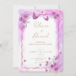 Invitation Fleurs roses avec papillons Mariage