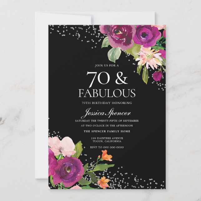Invitation Fleurs roses Black Silver 70e fête d'anniversaire (Devant)