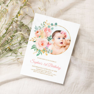 Invitation Fleurs roses blanches et premier anniversaire du b