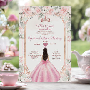 Invitation Fleurs roses blanches et Rose Couronne or Mis Quin