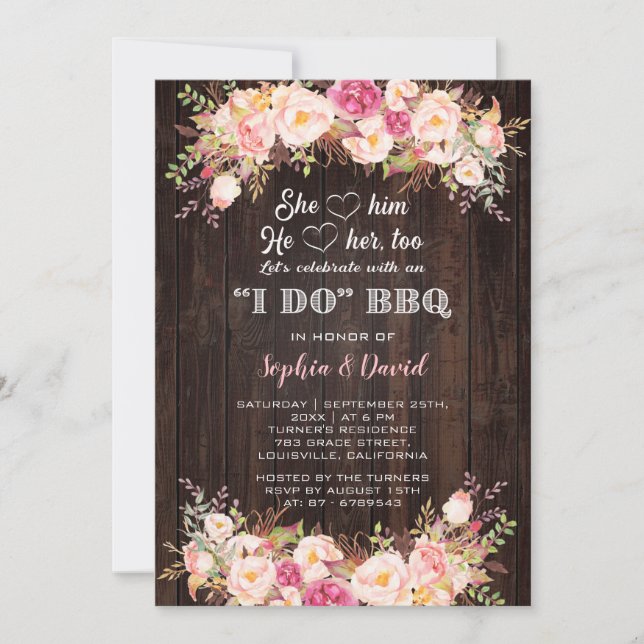 Invitation Fleurs roses blanches I DO BBQ Fiançailles (Devant)