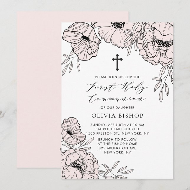 Invitation Fleurs roses blanches modernes Première communion  (Devant / Derrière)
