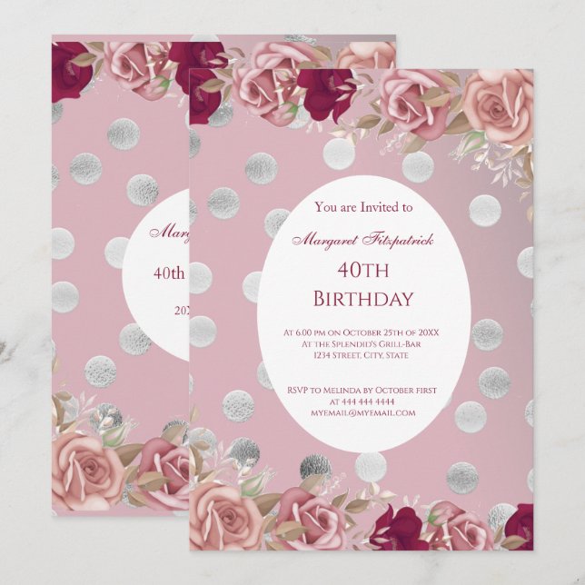 Invitation Fleurs Roses Blanches Rose Rouge Fête Anniversaire (Devant / Derrière)