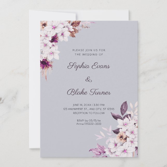 Invitation Fleurs roses blanches rustiques Boho Cloud Mariage (Devant)