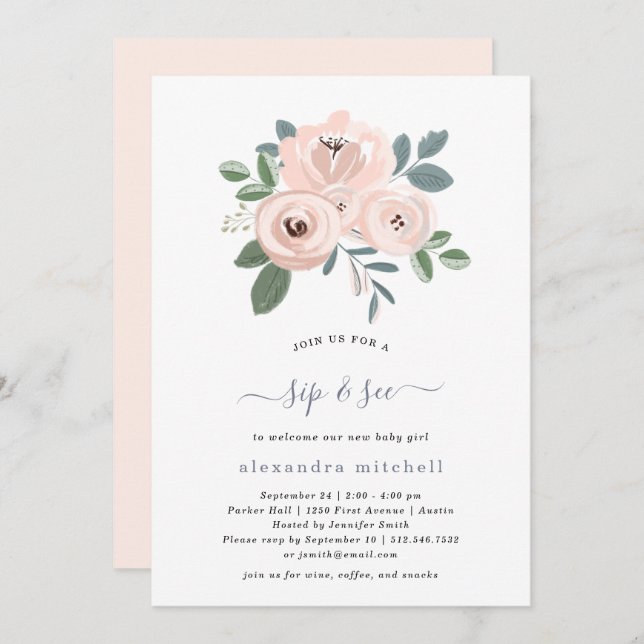 Invitation Fleurs Roses Blancs Élégantes| Baby Sip and See (Devant / Derrière)