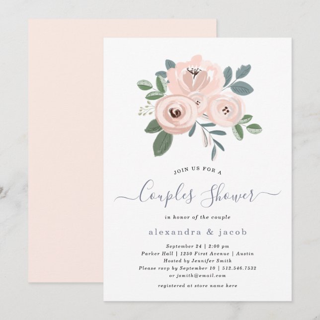 Invitation Fleurs Roses Blancs Élégantes| Douche pour couples (Devant / Derrière)