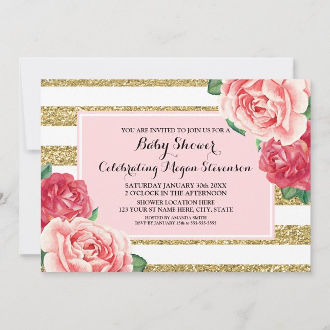 Invitation Fleurs roses Bleu Baby shower de rayures or (Dos)