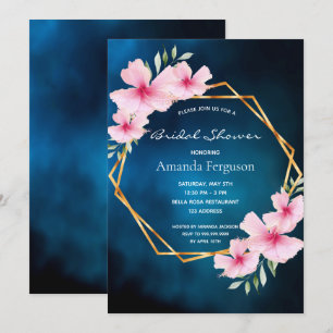 Invitation Fleurs roses bleues Fête des mariées géométrique
