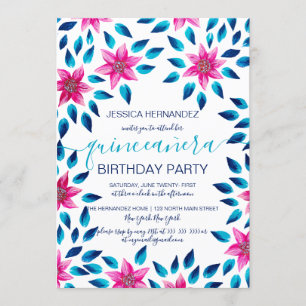 Invitation Fleurs Roses Bleues Feuilles Acrylique Peinture Qu