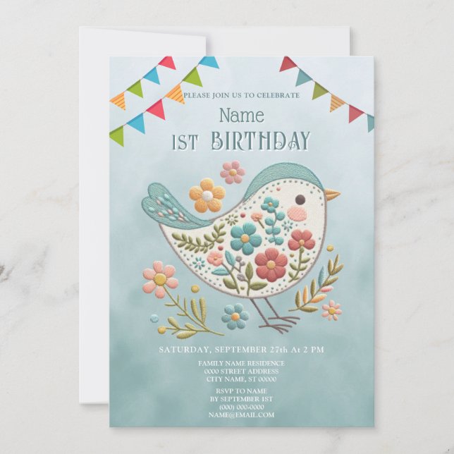 Invitation Fleurs roses Bleues Petites Oiseaux Fête d'Anniver (Devant)