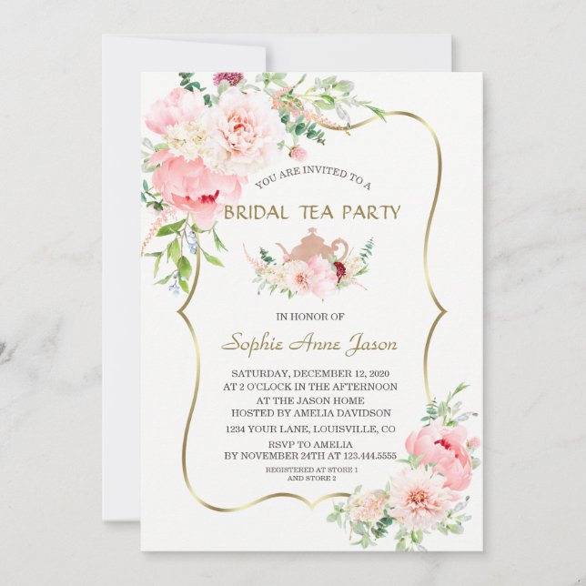 Invitation Fleurs Roses Blush Gold Bridal Tea Party (Devant)