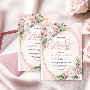 Invitation Fleurs roses blush minimal et or pour la douche de