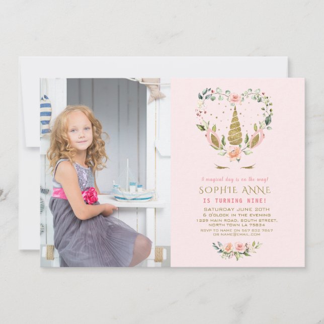 Invitation Fleurs Roses Blush Or Unicorne Photo Anniversaire (Devant)