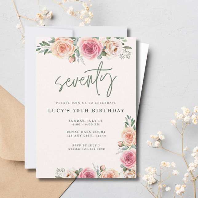 Invitation Fleurs roses Boho Elégante fête de 70e anniversair (Créateur téléchargé)