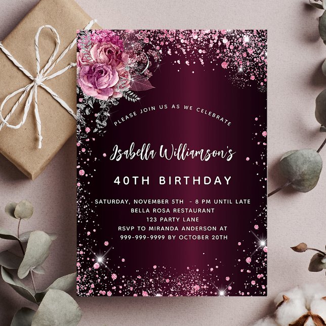 Invitation Fleurs roses bordeaux parties scintillant annivers (Créateur téléchargé)