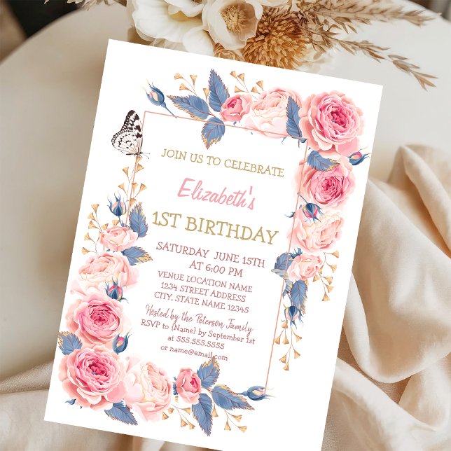 Invitation Fleurs roses Bouton rayé Anniversaire (Créateur téléchargé)