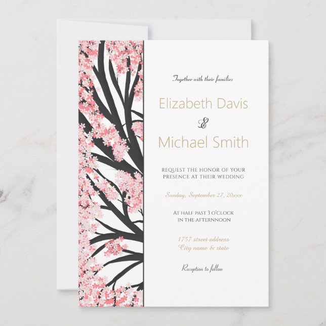 Invitation Fleurs roses cerises en fleurs (Devant)