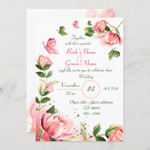 Invitation fleurs roses chaudes vert feuille papillons mariag