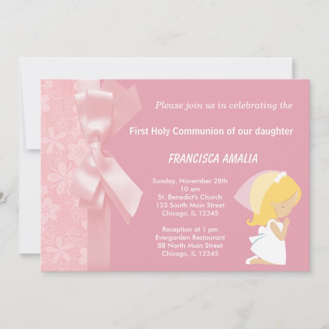 Invitation Fleurs roses communion sainte (Devant)
