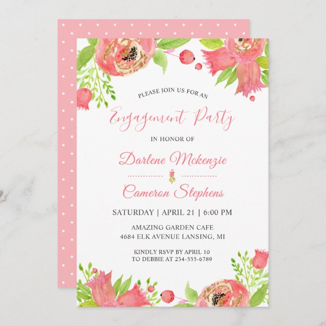 Invitation Fleurs roses corail Spring Garden Engagement (Devant / Derrière)