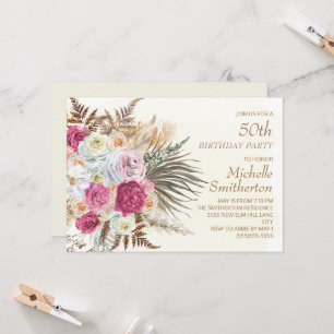 Invitation Fleurs roses Crème Parties scintillant or 50ème an