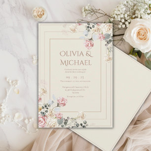 Invitation Fleurs Roses Crème Teintées de Rose Élégantes de M