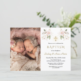 Invitation Fleurs roses Croix Filles jumeaux Photo Baptême