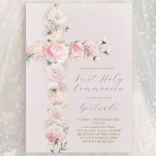 Invitation fleurs roses croix Première Sainte Communion