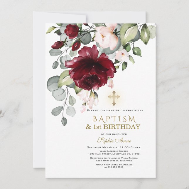 Invitation Fleurs roses de Bourgogne Baptême 1er anniversaire (Devant)