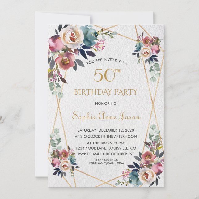 Invitation Fleurs roses de Bourgogne Marbre d'or 50e annivers (Devant)