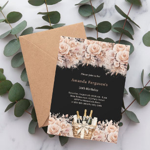 Invitation Fleurs roses de crème noire anniversaire de naissa