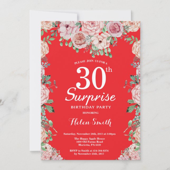Invitation Fleurs roses de pivoines surprises 30e anniversair (Devant)