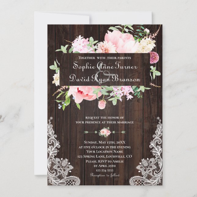 Invitation Fleurs roses de printemps rustiques Mariage dentel (Devant)