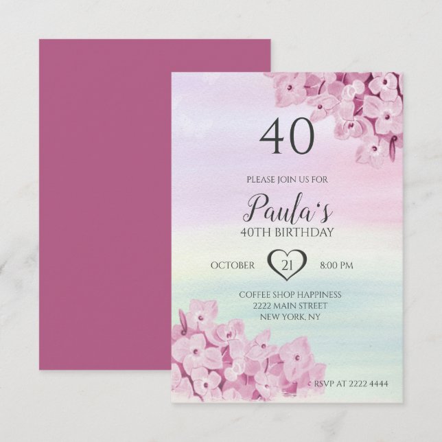 Invitation Fleurs roses délicates Anniversaire (Devant / Derrière)